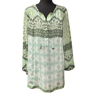 ZOZO Green Boho Print Tunic Top Tassel Tie V Neck Hi-low Hem